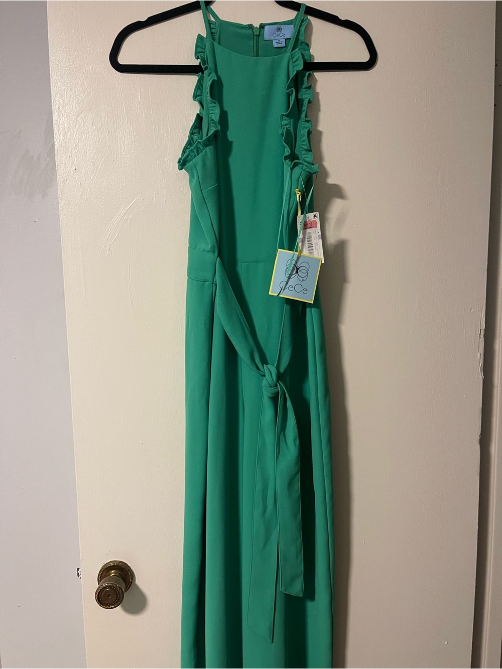 CeCe Green Ruffle-Trim Tie-Waist Maxi Dress
